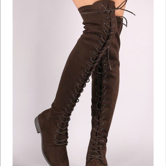Taupe suede lace up thigh high boots - Picture 2 of 5